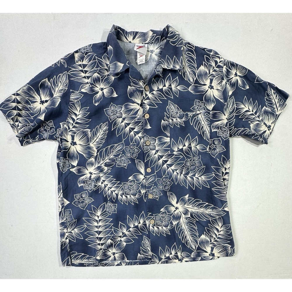 Speedo Floral Hawaiian Shirt Blue White Rayon Cotton Aloha Surf L